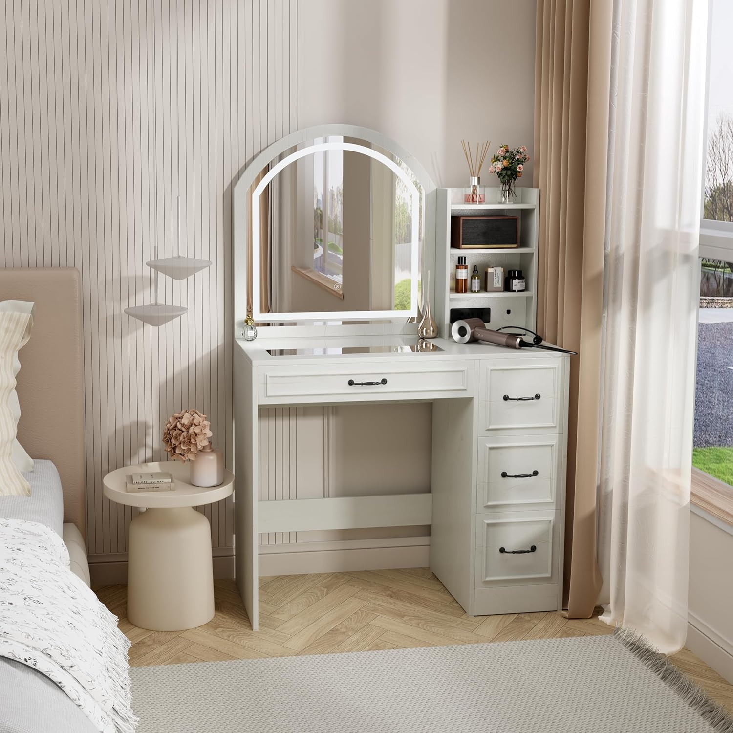 Home Outlet Bathroom - Moderner Schminktisch mit beleuchtetem Spiegel, Glasplatte,