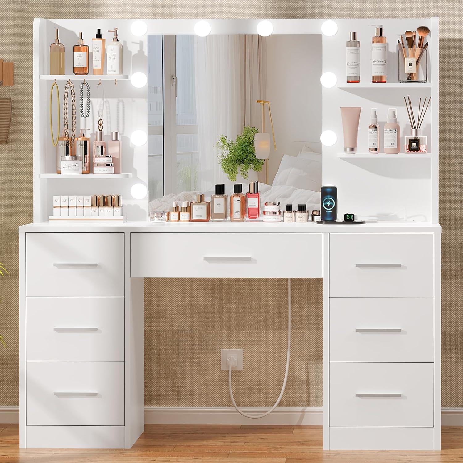 Home Outlet Bathroom - Großer Schminktisch mit LED-beleuchtetem Spiegel, Steckdose,