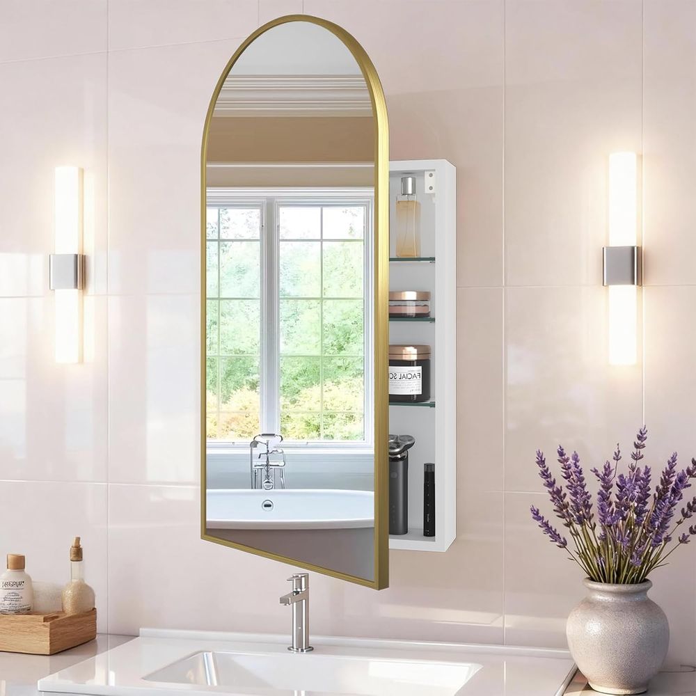 Home Bathroom Mirror - Luxuriöser gewölbter goldener Badezimmerschrank mit Spiegel,