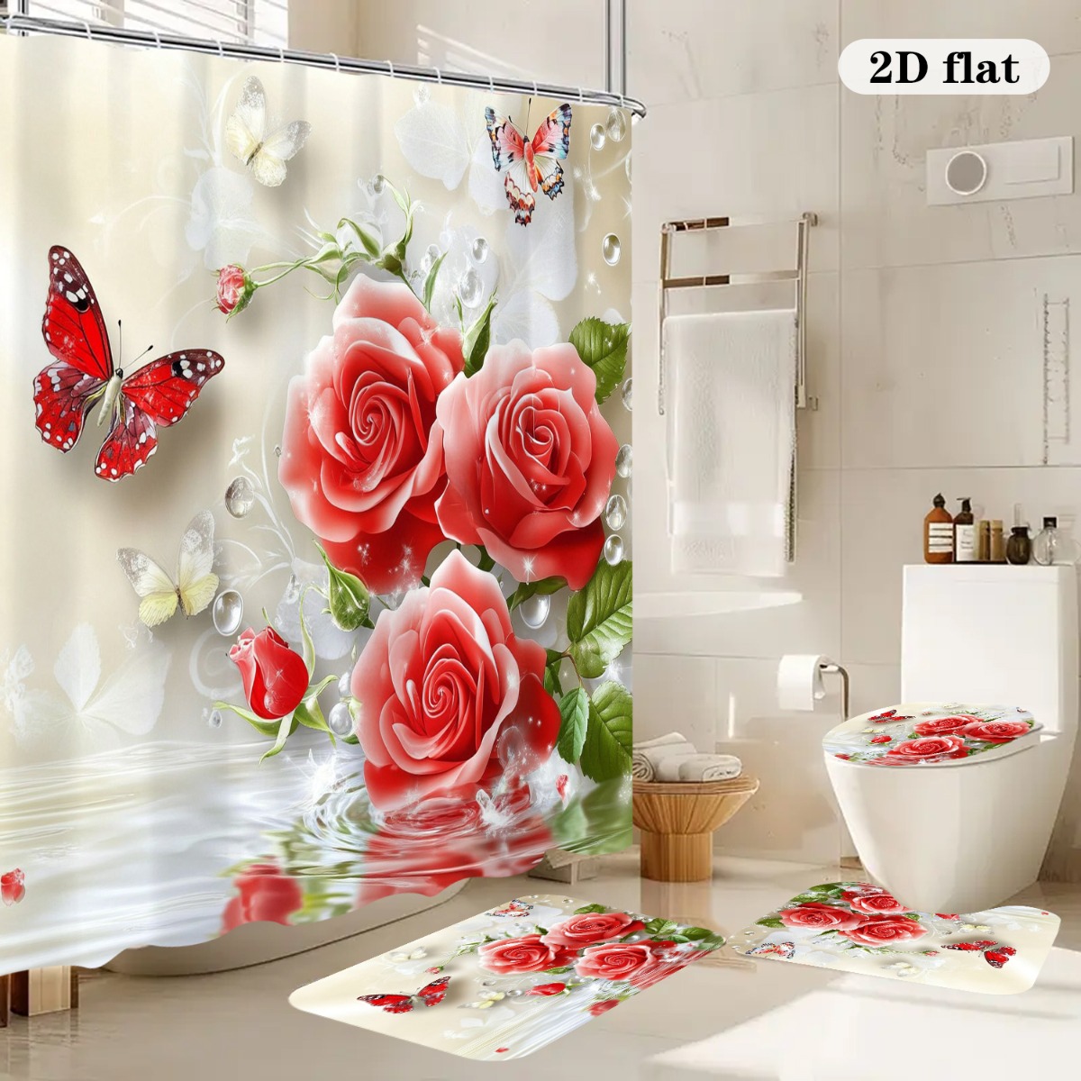 Home Bathroom With Two Toilets - 2D Flat, 2D Flat 4-teiliges Badezimmer-Dekorationsset,