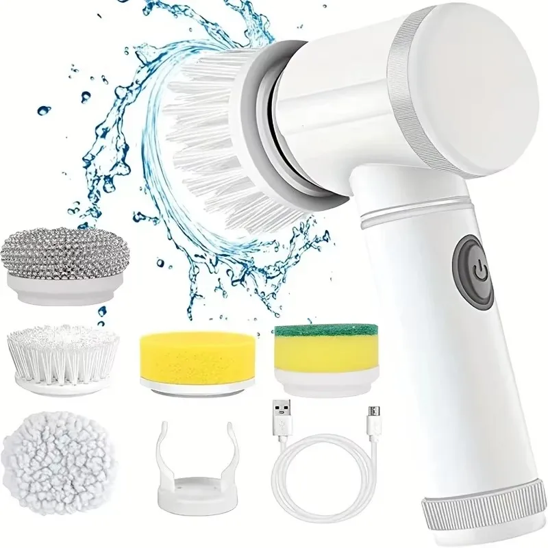 Home Bathroom Products - Neuer kabelloser Schleuderschrubber, elektrisch, wiederaufladbar, 5-in-1-Bürstenköpfe