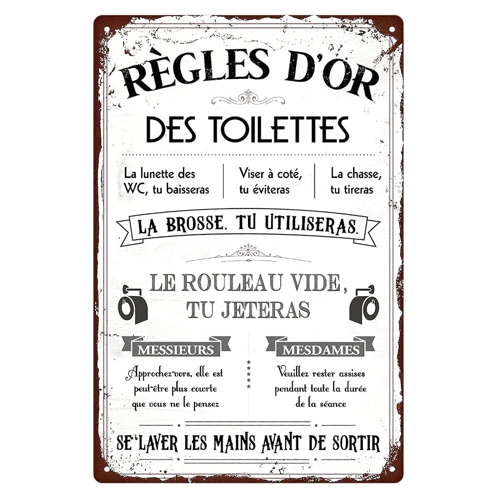 Home Bathroom Rules - Lustiges Französisches Zitat Metall-Toilettenschild - 'Die