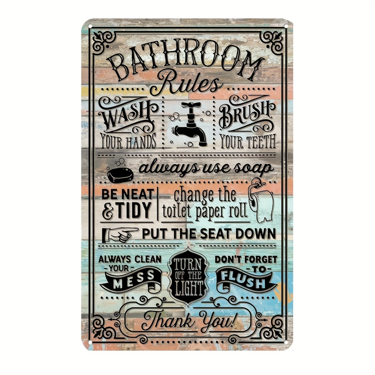 Home Bathroom Rules - Vintage Farmhaus Badezimmer-Regeln Blechschilder Heimdekoration 8x12